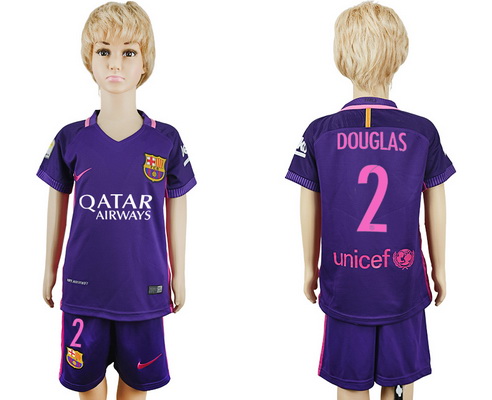 2016-17 Barcelona #2 DOUGLAS Away Soccer Youth Purple Shirt Kit