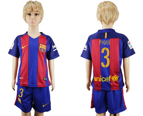 2016-17 Barcelona #3 PIQUE Home Soccer Youth Red and Blue Shirt Kit