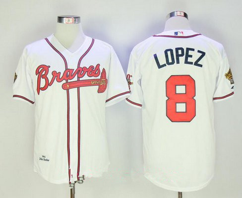 Men's Atlanta Braves #8 Javy Lopez White Home Throwback 1995 World Series with 30th Patch Stitched MLB Jersey