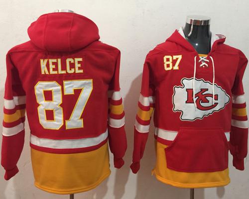 Nike Kansas City Chiefs #87 Travis Kelce Red Gold Name & Number Pullover NFL Hoodie