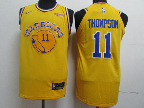 Men's Golden State Warriors #11 Klay Thompson Yellow Throwback Nike Authentic Jersey