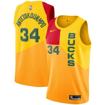 Men's Nike Milwaukee Bucks #34 Giannis Antetokounmpo 2018-19 City Edition Swingman Yellow Jersey