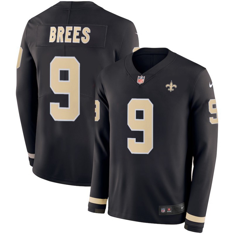 Men New Orleans Saints 9 Drew Brees Nike Therma Long Sleeve Jersey