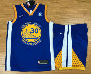 Men's Golden State Warriors #30 Stephen Curry Blue 2017-2018 Nike Swingman Rakuten Stitched NBA Jersey With Shorts