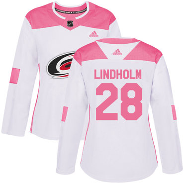 Adidas Carolina Hurricanes #28 Elias Lindholm White Pink Authentic Fashion Women's Stitched NHL Jersey