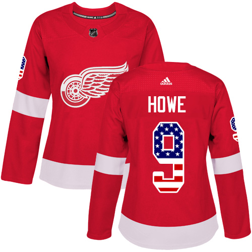 Adidas Detroit Red Wings #9 Gordie Howe Red Home Authentic USA Flag Women's Stitched NHL Jersey