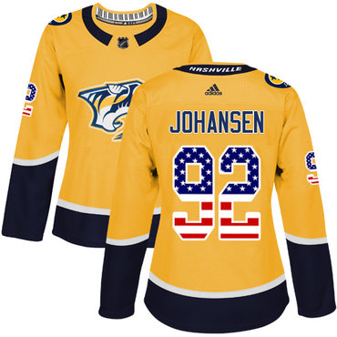 Adidas Nashville Predators #92 Ryan Johansen Yellow Home Authentic USA Flag Women's Stitched NHL Jersey