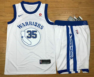 Men's Golden State Warriors #35 Kevin Durant White 2017-2018 Hardwood Classics Nike Rakuten Stitched Throwback NBA Jersey With Shorts