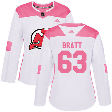 Adidas New Jersey Devils #63 Jesper Bratt White Pink Authentic Fashion Women's Stitched NHL Jersey