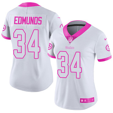 Nike Pittsburgh Steelers #34 Terrell Edmunds White Pink Women's Stitched NFL Limited Rush Fashion Jersey