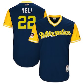 Men's Milwaukee Brewers 22 Christian Yelich Yeli Majestic Navy 2018 Players' Weekend Authentic Jersey