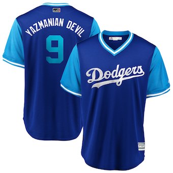 Men's Los Angeles Dodgers 9 Yasmani Grandal Yazmanian Devil Majestic Royal 2018 Players' Weekend Cool Base Jersey