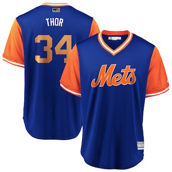 Men's New York Mets 34 Noah Syndergaard Thor Majestic Royal 2018 Players' Weekend Cool Base Jersey