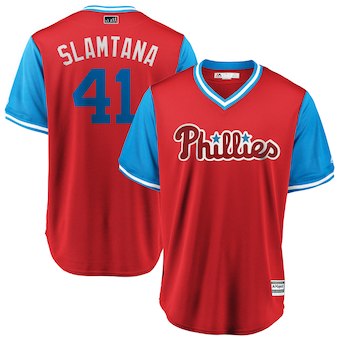 Men's Philadelphia Phillies 41 Carlos Santana Slamtana Majestic Scarlet 2018 Players' Weekend Cool Base Jersey