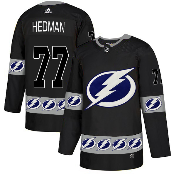 Men's Tampa Bay Lightning #77 Victor Hedman Black Team Logos Fashion Adidas Jersey