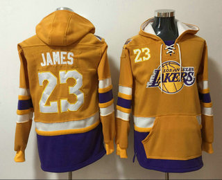 Men's Los Angeles Lakers #23 LeBron James Yellow Pocket Stitched NBA Pullover Hoodie