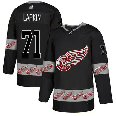 Men's Detroit Red Wings #71 Dylan Larkin Black Team Logos Fashion Adidas Jersey