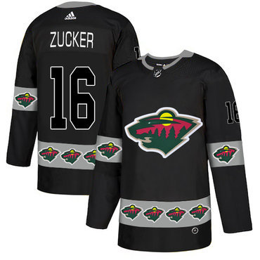 Men's Minnesota Wild #16 Jason Zucker Black Team Logos Fashion Adidas Jersey