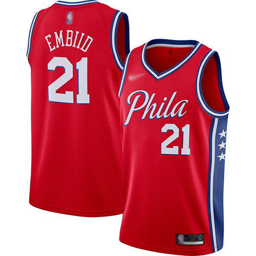 76ers #21 Joel Embiid Red Basketball Swingman Statement Edition 2019-2020 Jersey