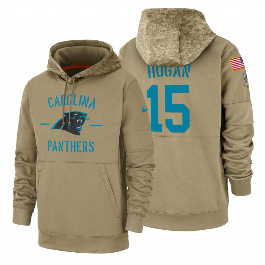 Carolina Panthers #15 Chris Hogan Nike Tan 2019 Salute To Service Name & Number Sideline Therma Pullover Hoodie