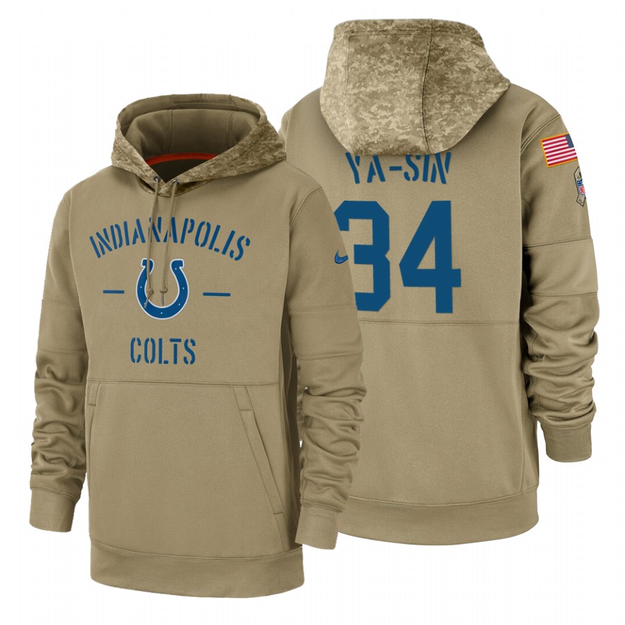 Indianapolis Colts #34 Rock Ya-Sin Nike Tan 2019 Salute To Service Name & Number Sideline Therma Pullover Hoodie