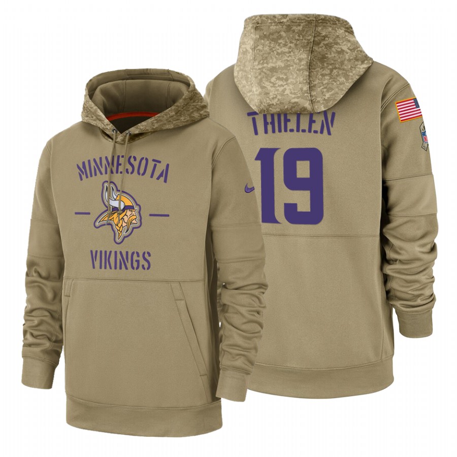 Minnesota Vikings #19 Adam Thielen Nike Tan 2019 Salute To Service Name & Number Sideline Therma Pullover Hoodie