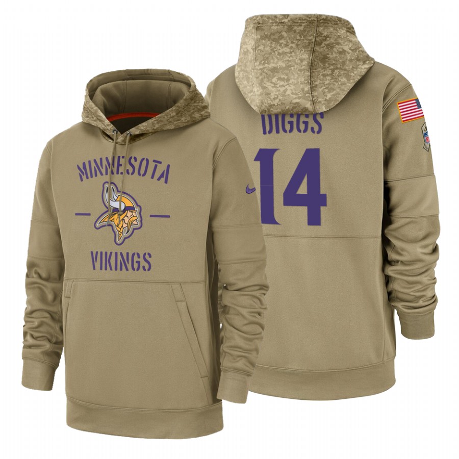 Minnesota Vikings #14 Stefon Diggs Nike Tan 2019 Salute To Service Name & Number Sideline Therma Pullover Hoodie