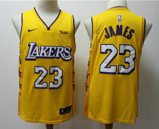 Men's Los Angeles Lakers #23 LeBron James Yellow 2020 Nike City Edition Swingman Jersey With The Sponsor Logo