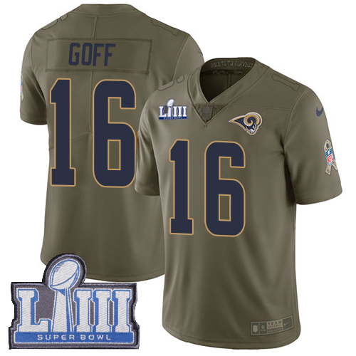 #16 Limited Jared Goff Olive Nike NFL Youth Jersey Los Angeles Rams 2017 Salute to Service Super Bowl LIII Bound