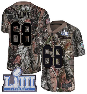 #68 Limited Jamon Brown Camo Nike NFL Youth Jersey Los Angeles Rams Rush Realtree Super Bowl LIII Bound