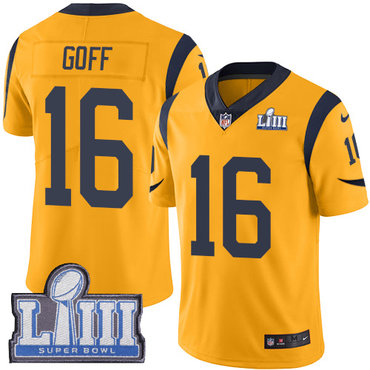 #16 Limited Jared Goff Gold Nike NFL Men's Jersey Los Angeles Rams Rush Vapor Untouchable Super Bowl LIII Bound