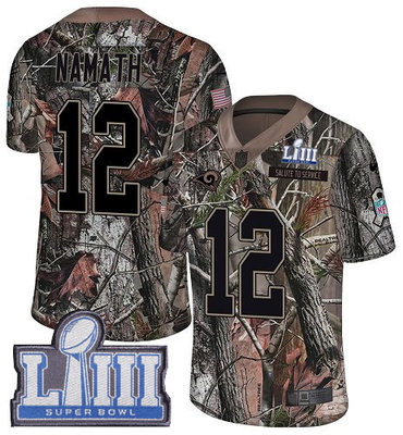 #12 Limited Joe Namath Camo Nike NFL Men's Jersey Los Angeles Rams Rush Realtree Super Bowl LIII Bound