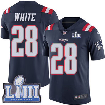 #28 Limited James White Navy Blue Nike NFL Youth Jersey New England Patriots Rush Vapor Untouchable Super Bowl LIII Bound