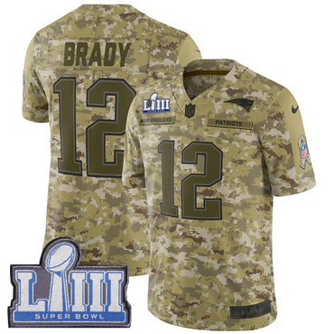 #12 Limited Tom Brady Camo Nike NFL Youth Jersey New England Patriots 2018 Salute to Service Super Bowl LIII Bound