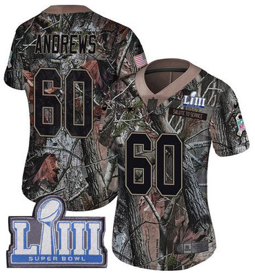 #60 Limited David Andrews Camo Nike NFL Women's Jersey New England Patriots Rush Realtree Super Bowl LIII Bound