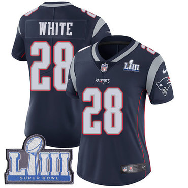 #28 Limited James White Navy Blue Nike NFL Home Women's Jersey New England Patriots Vapor Untouchable Super Bowl LIII Bound