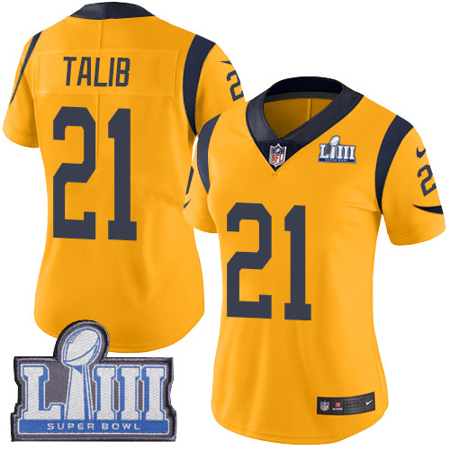 #21 Limited Aqib Talib Gold Nike NFL Women's Jersey Los Angeles Rams Rush Vapor Untouchable Super Bowl LIII Bound