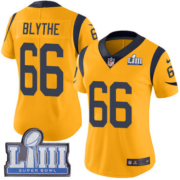 #66 Limited Austin Blythe Gold Nike NFL Women's Jersey Los Angeles Rams Rush Vapor Untouchable Super Bowl LIII Bound