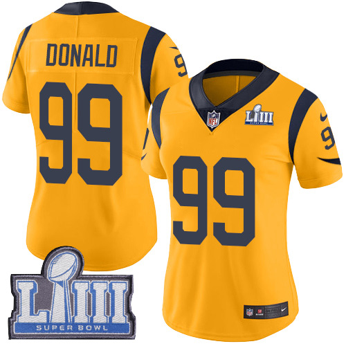 Women's Los Angeles Rams #99 Aaron Donald Gold Nike NFL Rush Vapor Untouchable Super Bowl LIII Bound Limited Jersey