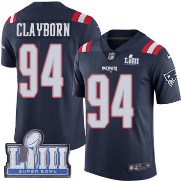 #94 Limited Adrian Clayborn Navy Blue Nike NFL Men's Jersey New England Patriots Rush Vapor Untouchable Super Bowl LIII Bound