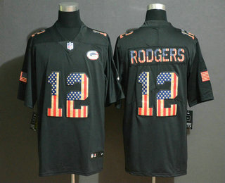 Men's Green Bay Packers #12 Aaron Rodgers 2019 Black Salute To Service USA Flag Fashion Limited Jersey