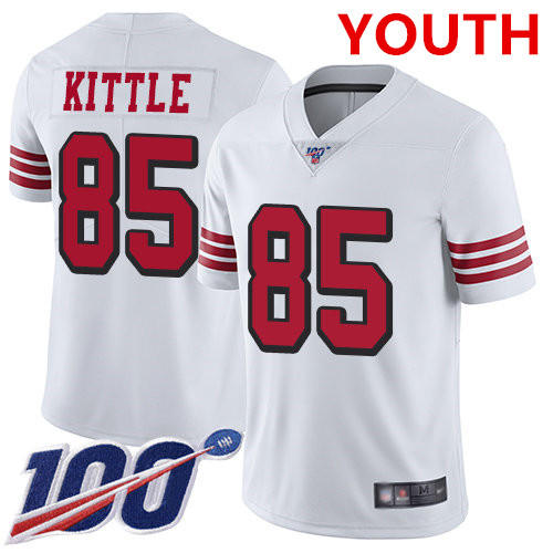 Youth 49ers #85 George Kittle White Rush Stitched Football Limited 100th Season Jersey