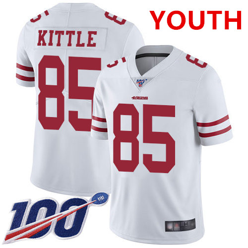 Youth 49ers #85 George Kittle White Stitched Football 100th Season Vapor Limited Jersey