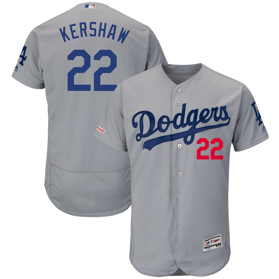 Men's Los Angeles Dodgers 22 Clayton Kershaw Gray 150th Patch Flexbase Jersey