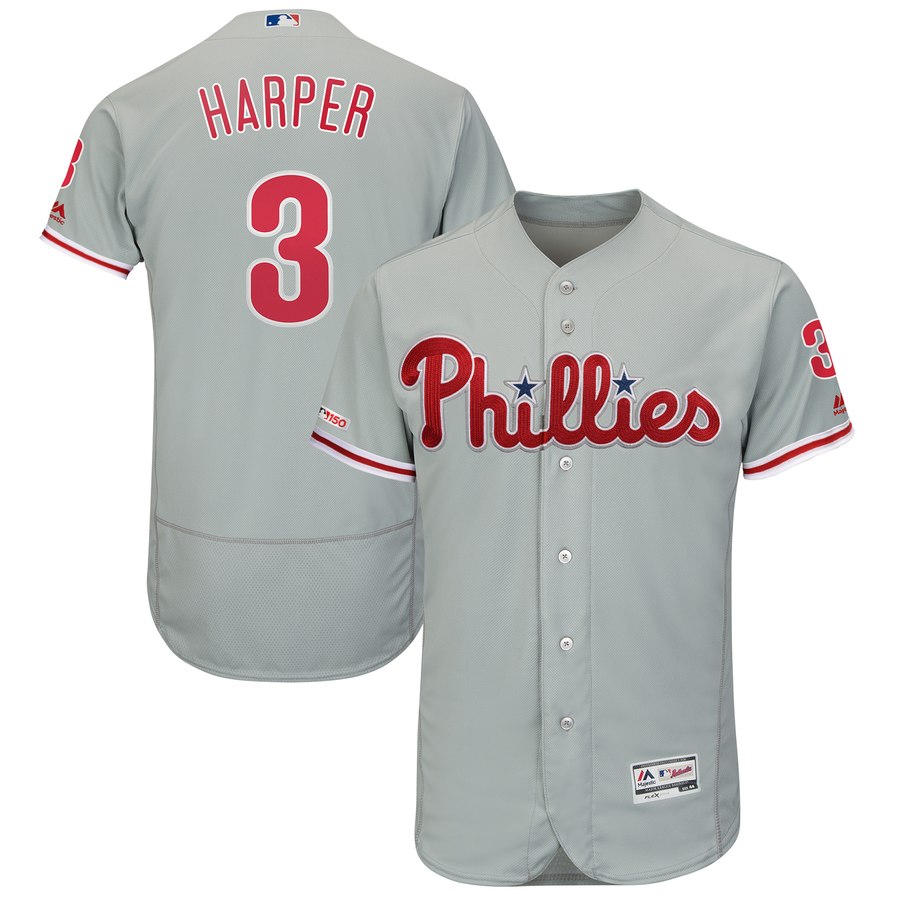 Men's Philadelphia Phillies 3 Bryce Harper Gray 150th Patch Flexbase Collection Jersey