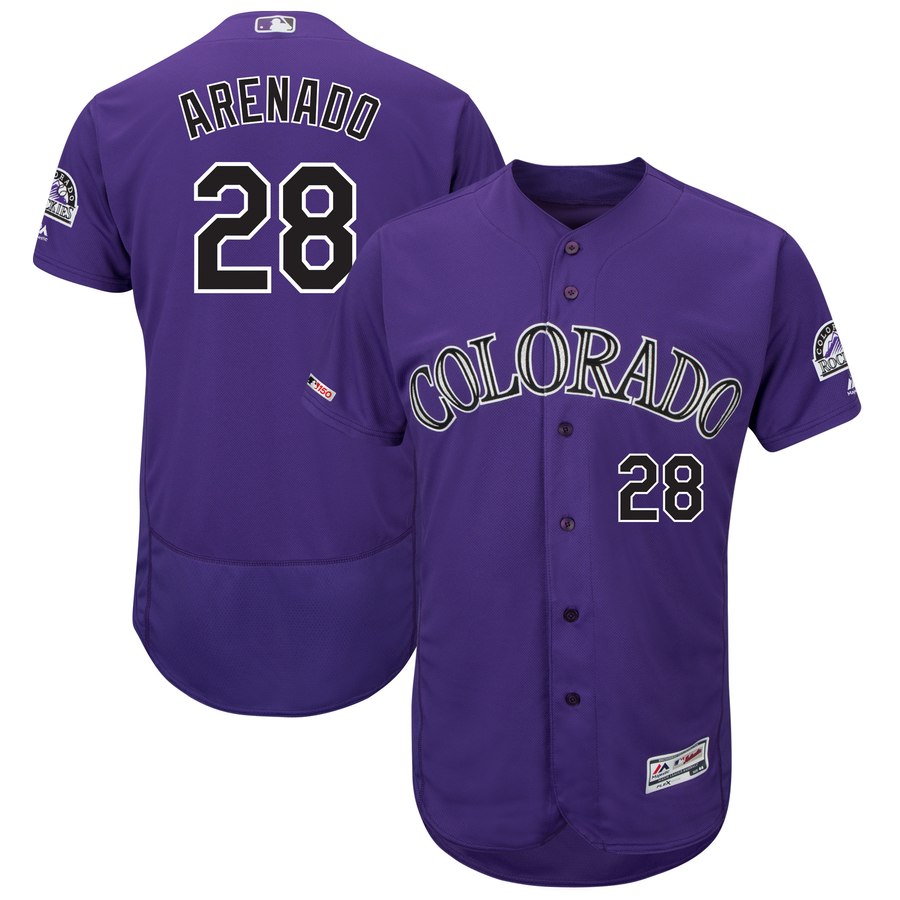 Men's Colorado Rockies 28 Nolan Arenado Purple 150th Patch Flexnase Jersey