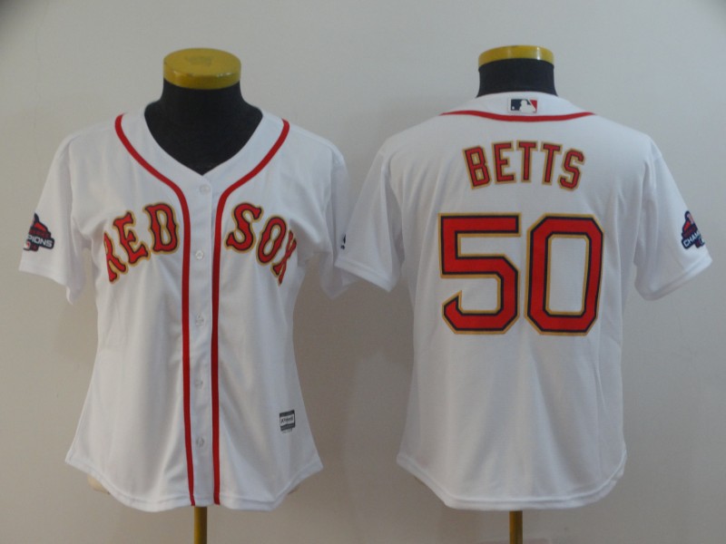 Women Boston Red Sox 50 Mookie Betts White 2019 Gold Program Cool Base Jersey