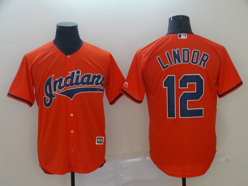 Men's Cleveland Indians 12 Francisco Lindor Orange Cool Base Jersey