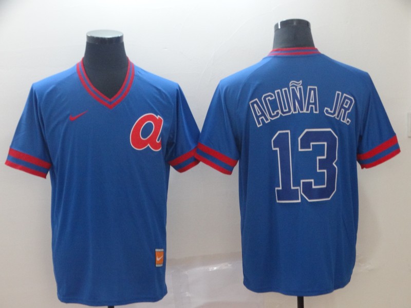 Men's Atlanta Braves 13 Ronald Acuna Jr Blue Throwback Jersey