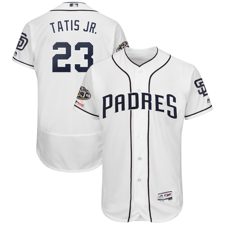 Men's San Diego Padres 23 Fernando Tatis Jr. White 50th Anniversary and 150th Patch FlexBase Jersey